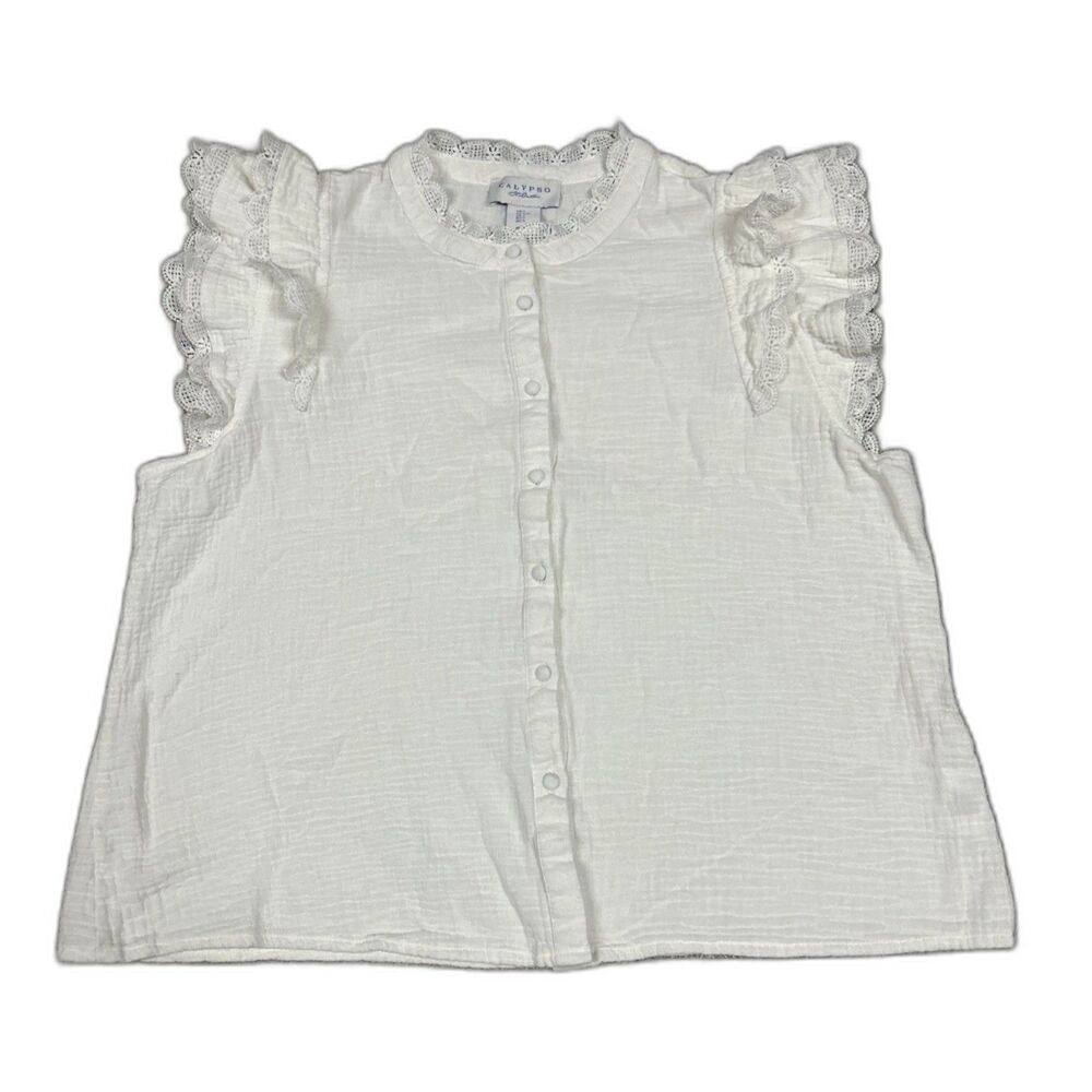 Calypso St Barth Top Womens Large Muslin Button Front Lace Sleeve Peasant *Flaw